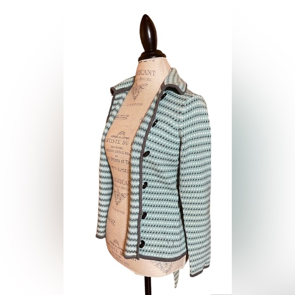 Ann Taylor LOFT Blue Gray & White Print Button up Belted Collared Cardigan Sz M - Picture 4 of 9